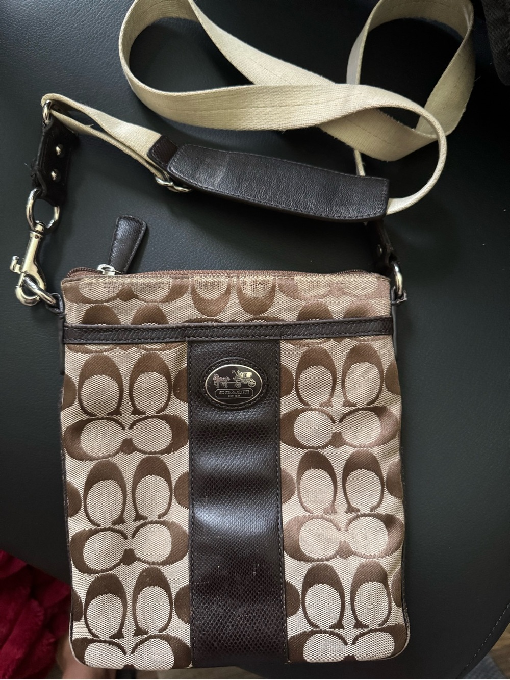Coach Brown and Cream Signature Canvas Crossbody with Pink Lining